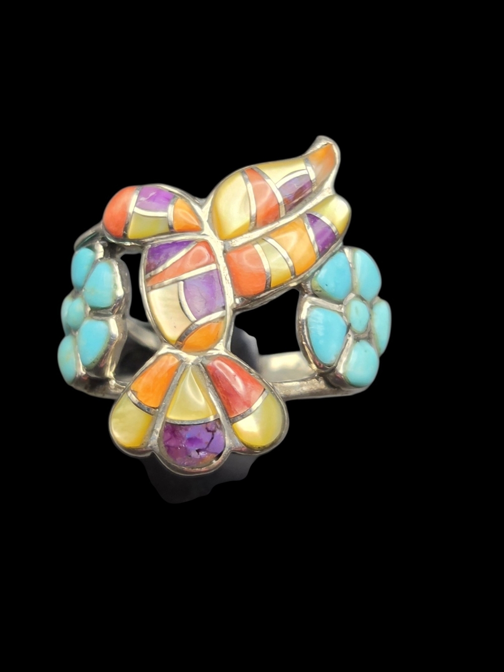 Multi-Color Inlay Floral Hummingbird Sterling Ring 7
